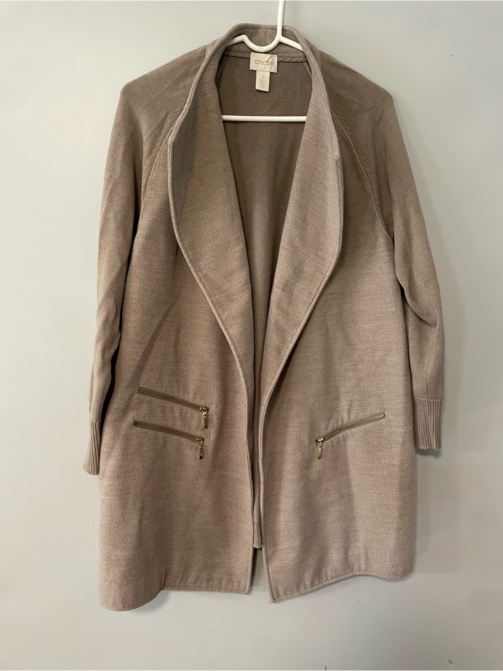 Chico's Taupe Knit Open-Front Coatigan with Gold Zippers